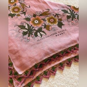Vintage Turkish Cotton Oya Scarf, Pink Floral Print with Pink Green Lace Trim